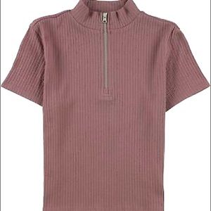 NWT AE Mock Neck Quarter Zip Cropped Tee Short Sleeve Ribbed Sz XS 0 2